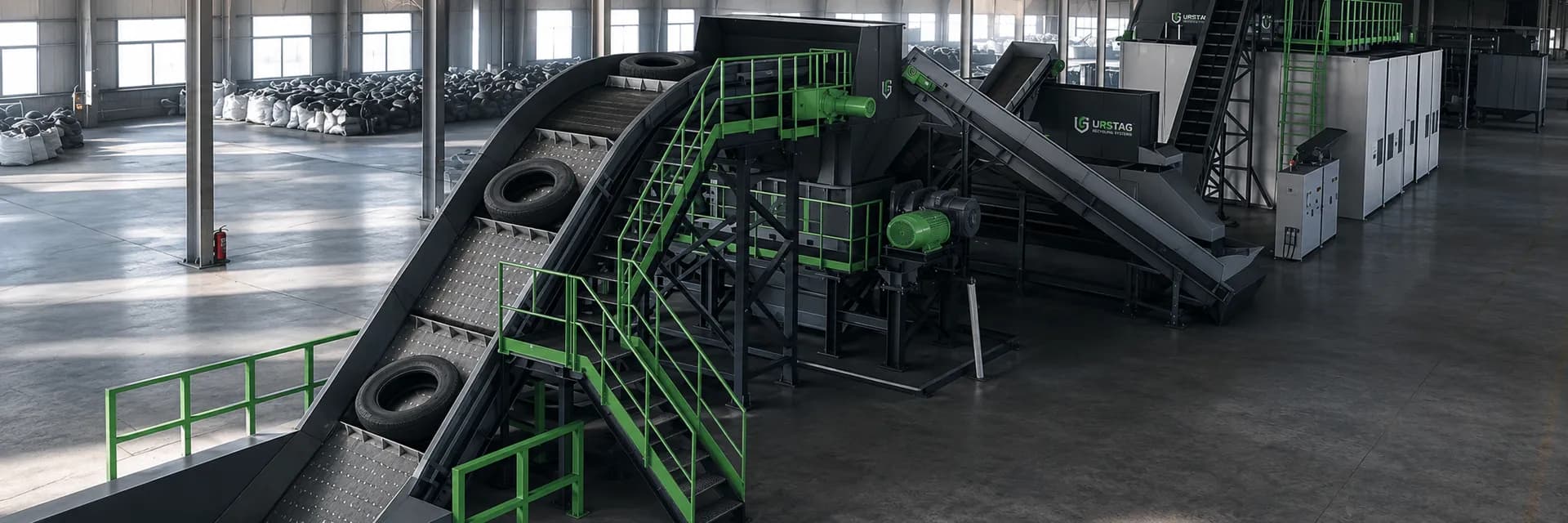 Tire recycling system, complete waste tire processing line overview