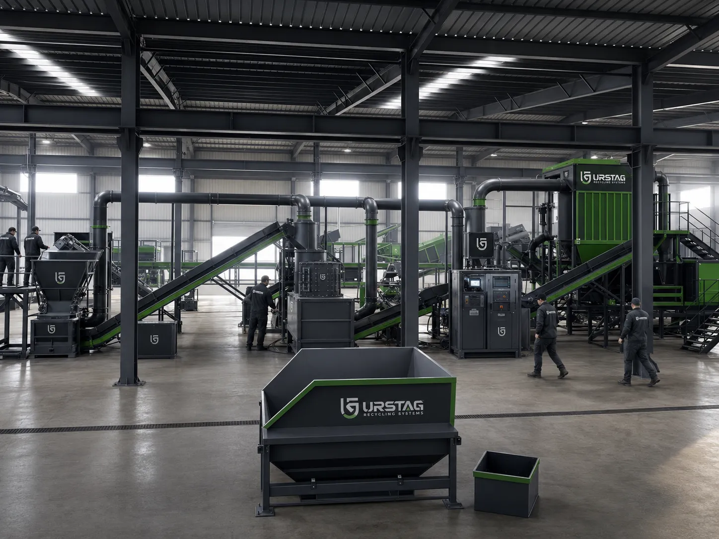 Waste printer recycling plant with shredding and separation