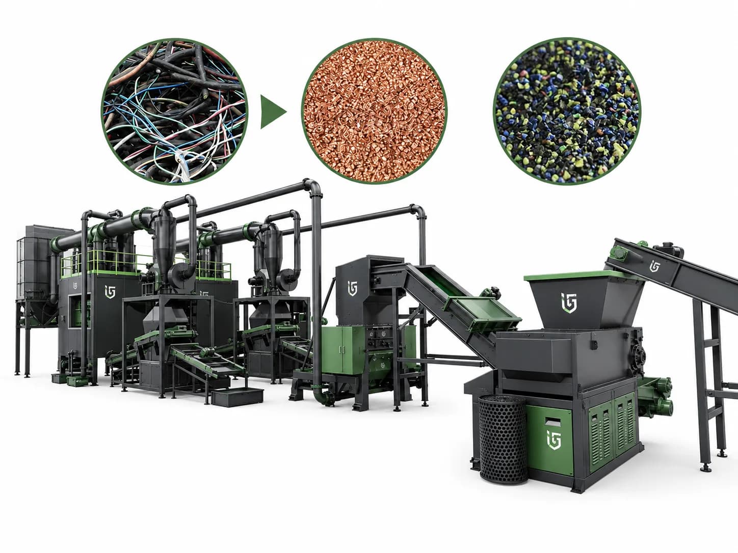 Linie industrială de reciclare cabluri electrice cu shredder și separatoare