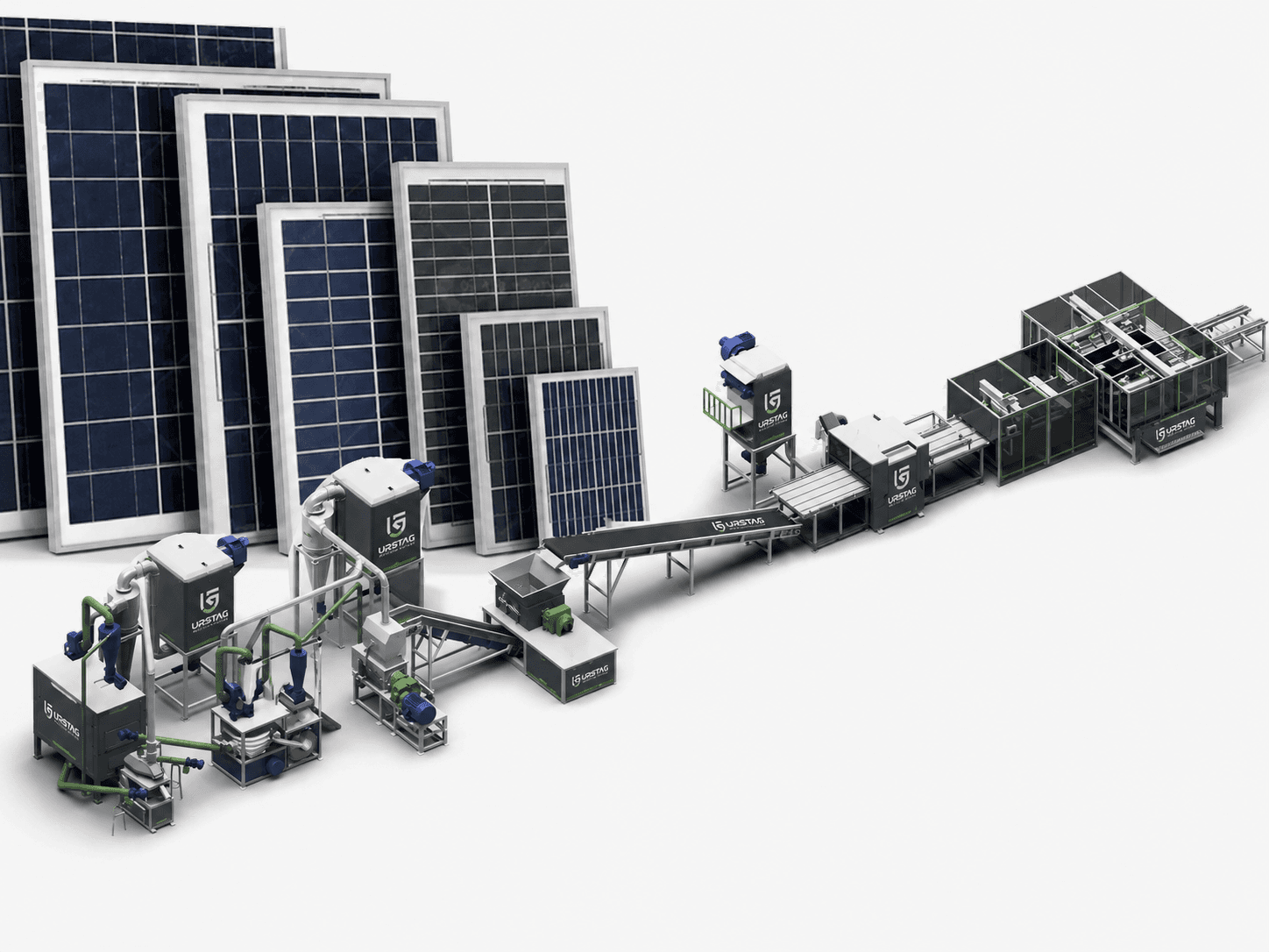 instalație de reciclare panouri fotovoltaice URSTAG — vedere de ansamblu a liniei de reciclare module solare