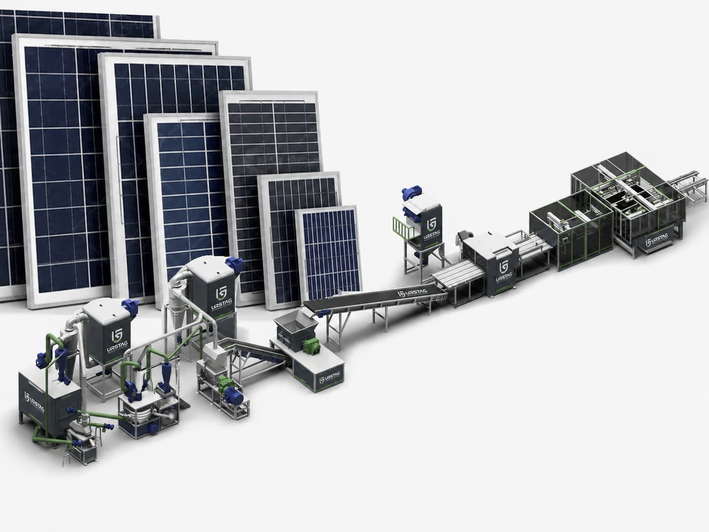 instalație de reciclare panouri fotovoltaice URSTAG — vedere de ansamblu a liniei de reciclare module solare